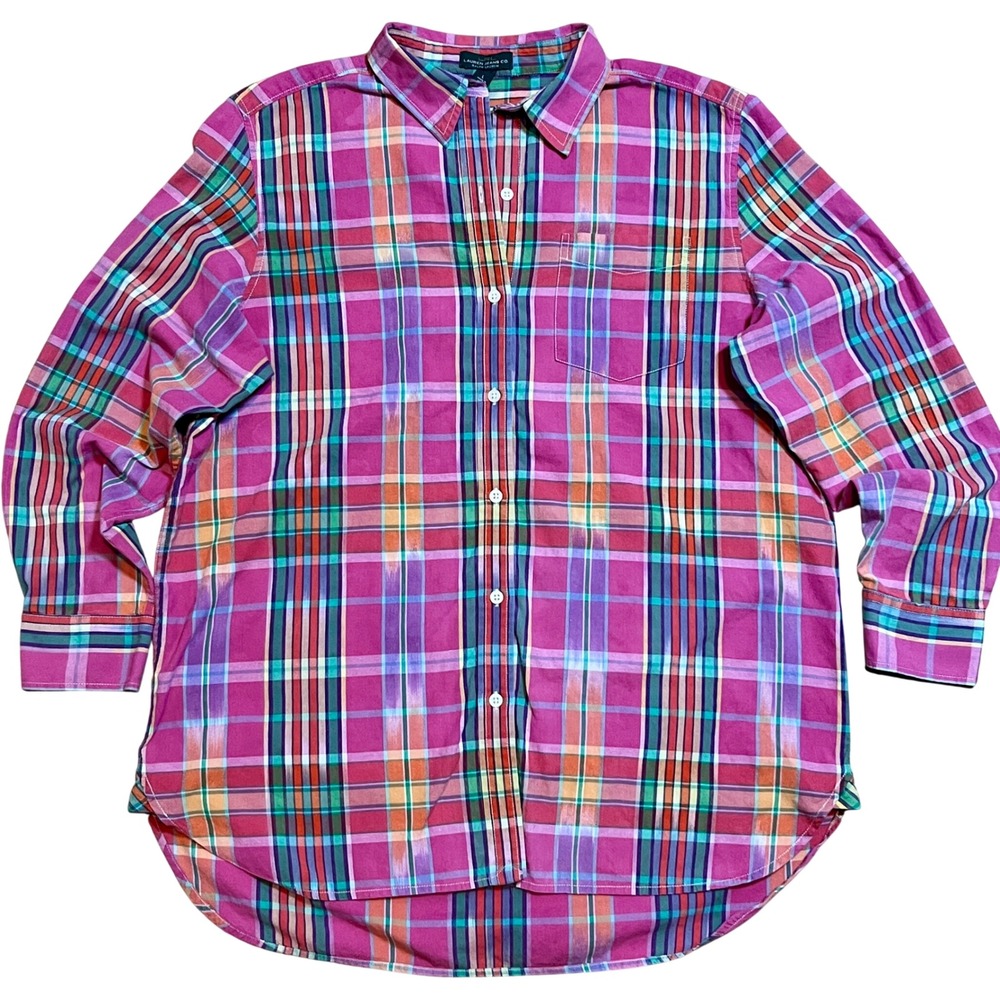 LRL Lauren Jeans Co RL Button Down Shirt Womens L Pink Plaid Cotton Hi Low Top - Picture 2 of 10